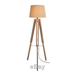 Tripod Floor Lamp Vintage Retro Wooden Light Standard With Shade
