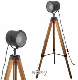 Tripod Spotlight Floor Lamp Vintage Retro Light Industrial Wooden Lighting New