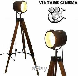 Tripod Spotlight Floor Lamp Vintage Retro Light Industrial Wooden Lighting New