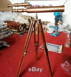 US Navy Marine Nautical Vintage Brass Telescope with Wooden Tripod Antique Gift