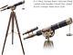 U. S Navy Vintage Brass Telescope Black Leather With Wooden Tripod Floor Stand
