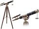 U. S Navy Vintage Brass Telescope Black Leather With Wooden Tripod Floor Stand