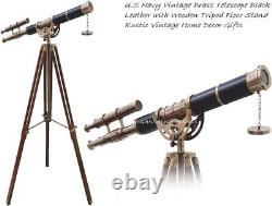 U. S Navy Vintage Brass Telescope Black Leather with Wooden Tripod Floor Stand