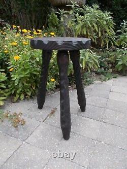 Unique Vintage Hand Carved wood Tripod Milking Stool Pedestal Table Barn Country