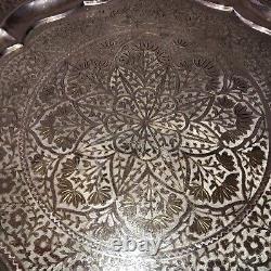 Unusual Vintage India Moroccan? Tripod Folding Table Silver Tray Top