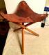 Vtg Country Wood Folding Tripod Triangle Stool Withthick Hand Tooled Leather Seat
