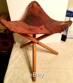 VTG COUNTRY WOOD FOLDING TRIPOD TRIANGLE STOOL withTHICK HAND TOOLED LEATHER SEAT