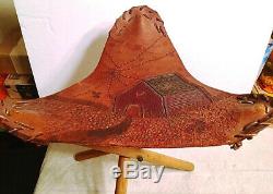 VTG COUNTRY WOOD FOLDING TRIPOD TRIANGLE STOOL withTHICK HAND TOOLED LEATHER SEAT