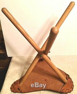 VTG COUNTRY WOOD FOLDING TRIPOD TRIANGLE STOOL withTHICK HAND TOOLED LEATHER SEAT