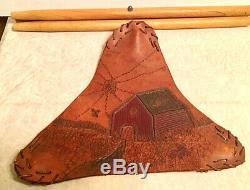 VTG COUNTRY WOOD FOLDING TRIPOD TRIANGLE STOOL withTHICK HAND TOOLED LEATHER SEAT