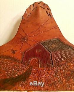 VTG COUNTRY WOOD FOLDING TRIPOD TRIANGLE STOOL withTHICK HAND TOOLED LEATHER SEAT