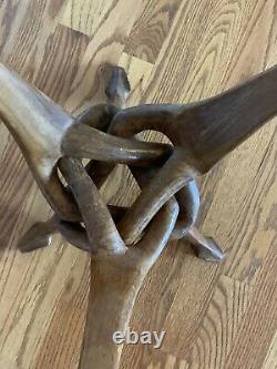 VTG Carved Wood African Interlocking 3 Leg Tripod 2 Pc Collapsible Side Table