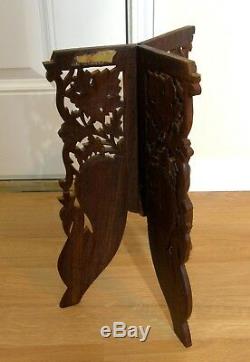 VTG Hand Carved Sheesham Wood Bone Inlay Plant Stand India 18 Tripod Legs