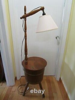 VTG early American Maple wood sugar Firkin floor lamp sewing storage table 58 t