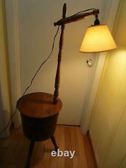 VTG early American Maple wood sugar Firkin floor lamp sewing storage table 58 t