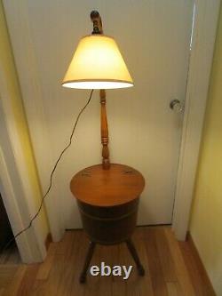 VTG early American Maple wood sugar Firkin floor lamp sewing storage table 58 t