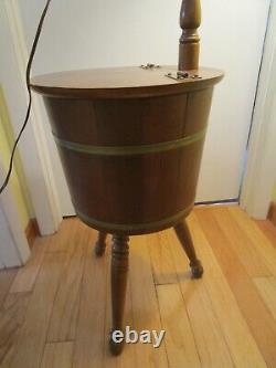 VTG early American Maple wood sugar Firkin floor lamp sewing storage table 58 t