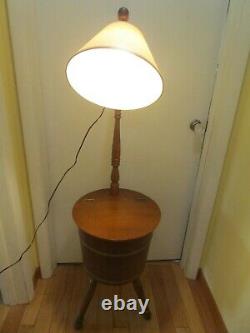 VTG early American Maple wood sugar Firkin floor lamp sewing storage table 58 t