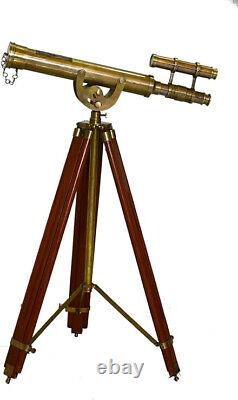 Victorian Antique Telescope Double Barrel Vintage Wooden Floor Standing Adjustab