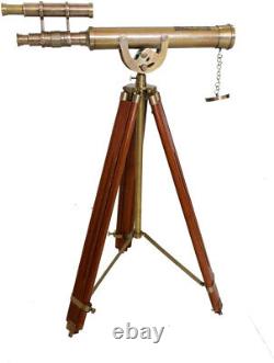 Victorian Antique Telescope Double Barrel Vintage Wooden Floor Standing Adjustab