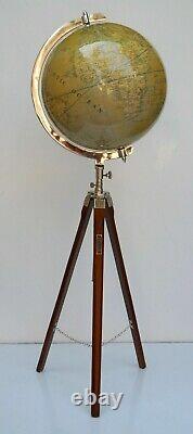 Vintage 12 big world globe with floor wooden tripod stand nautical map decor