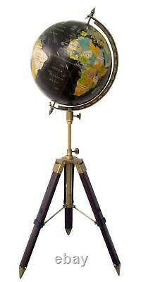 Vintage 12 black world globe atlas & globe ocean wooden tripod stand decor
