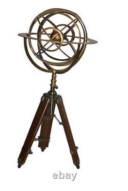 Vintage 36 Tall Victorian Brass Armillary on Wooden Tripod 14 Sphere Astrolabe