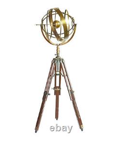 Vintage 36 Tall Victorian Brass Armillary on Wooden Tripod 14 Sphere Astrolabe