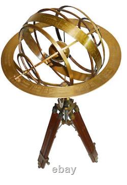 Vintage 36 Tall Victorian Brass Armillary on Wooden Tripod 14 Sphere Astrolabe