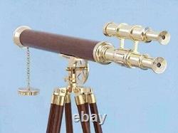 Vintage 39 Nautical Brass Double Barrel Telescope Floor Standing Wooden Tripod