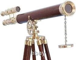 Vintage 39 Nautical Brass Double Barrel Telescope Floor Standing Wooden Tripod