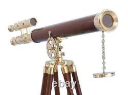 Vintage 39 nautical brass double barrel telescope floor standing wooden tripod