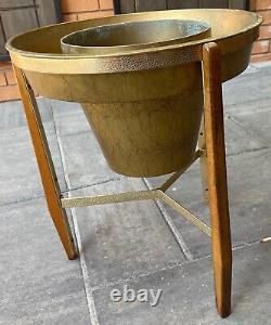 Vintage 50s Plastic Wood Metal Tripod Planter Mid Century Modern Atomic Era Gold