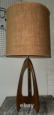 Vintage 60s Walnut Wood Modeline Tripod Lamp with Shade Mid Century Modern Atomic