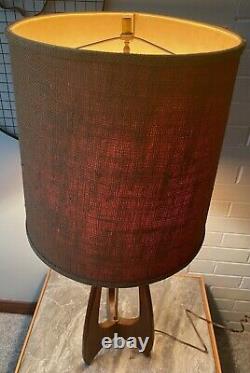 Vintage 60s Walnut Wood Modeline Tripod Lamp with Shade Mid Century Modern Atomic