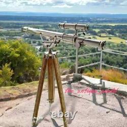 Vintage 64-Inch Antique Brass Nautical Floor Telescope with Wooden Tripod Stand