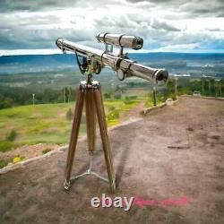 Vintage 64-Inch Antique Brass Nautical Floor Telescope with Wooden Tripod Stand