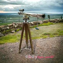 Vintage 64-Inch Antique Brass Nautical Floor Telescope with Wooden Tripod Stand