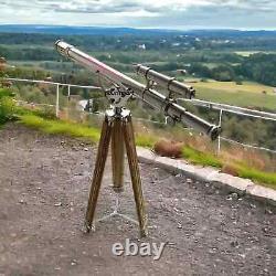 Vintage 64-Inch Antique Brass Nautical Floor Telescope with Wooden Tripod Stand