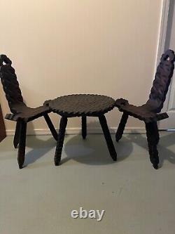 Vintage Amish Dutch PA Primitive Wooden 3 Legged Tripod Birthing Chairs & Table
