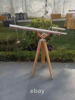Vintage Antique Brass Nautical Floor Telescope With Wooden Tripod Stand Classic