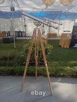 Vintage Antique Brass Nautical Floor Telescope With Wooden Tripod Stand Classic