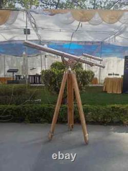 Vintage Antique Brass Nautical Floor Telescope With Wooden Tripod Stand Classic