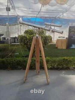 Vintage Antique Brass Nautical Floor Telescope With Wooden Tripod Stand Classic