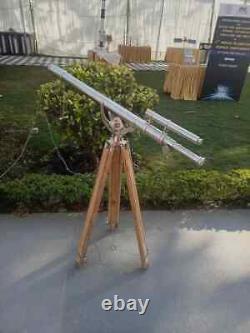 Vintage Antique Brass Nautical Floor Telescope With Wooden Tripod Stand Classic