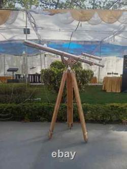 Vintage Antique Brass Nautical Floor Telescope With Wooden Tripod Stand Classic
