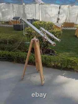 Vintage Antique Brass Nautical Floor Telescope With Wooden Tripod Stand Classic
