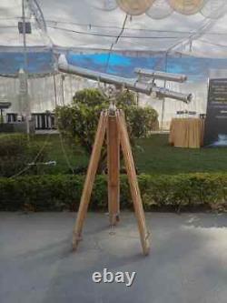 Vintage Antique Brass Nautical Floor Telescope With Wooden Tripod Stand Classic