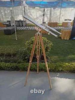 Vintage Antique Brass Nautical Floor Telescope With Wooden Tripod Stand Classic