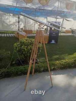 Vintage Antique Brass Nautical Floor Telescope With Wooden Tripod Stand Classic